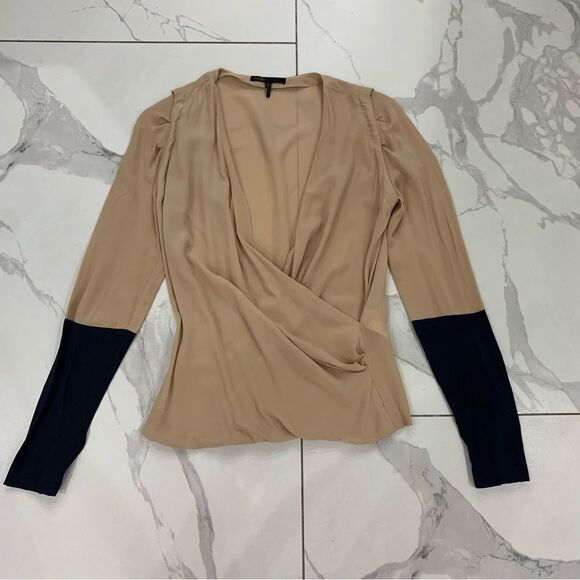 Maje Blouse Wrap Front Cuffed Women 1 Small Beige/Black Deep V-Neck Silk Pleated - Picture 1 of 11